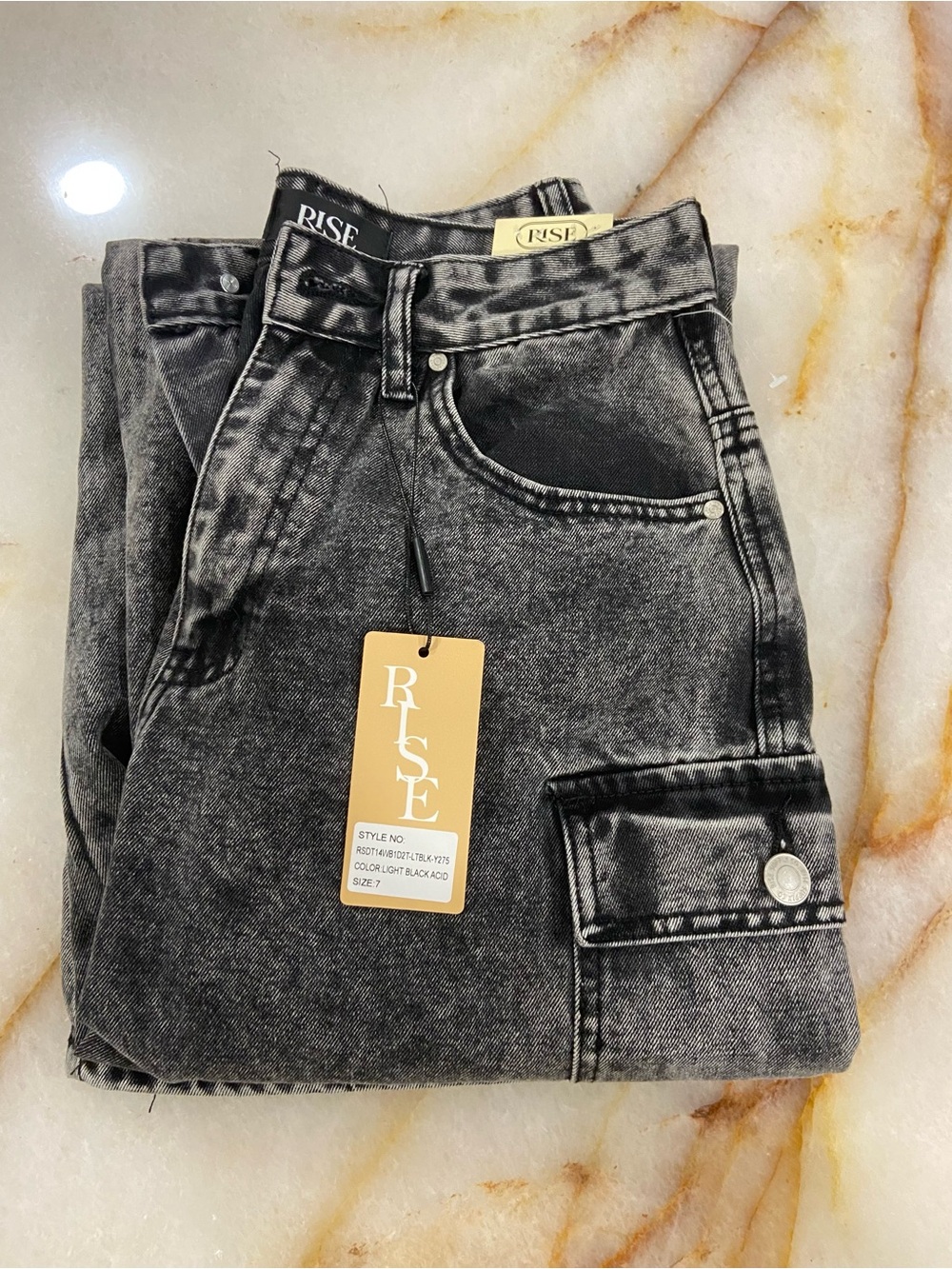 RISE Women’s Black Acid-Wash wide leg cargo